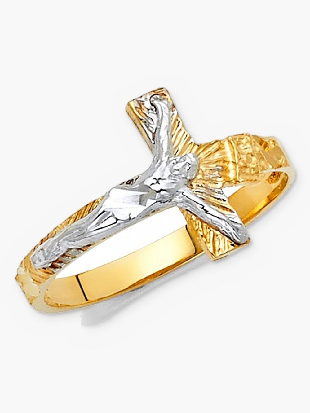 14K Solid Gold Two-Tone Crucifix Ring Jesus Cross Ring Religious Christian Ring